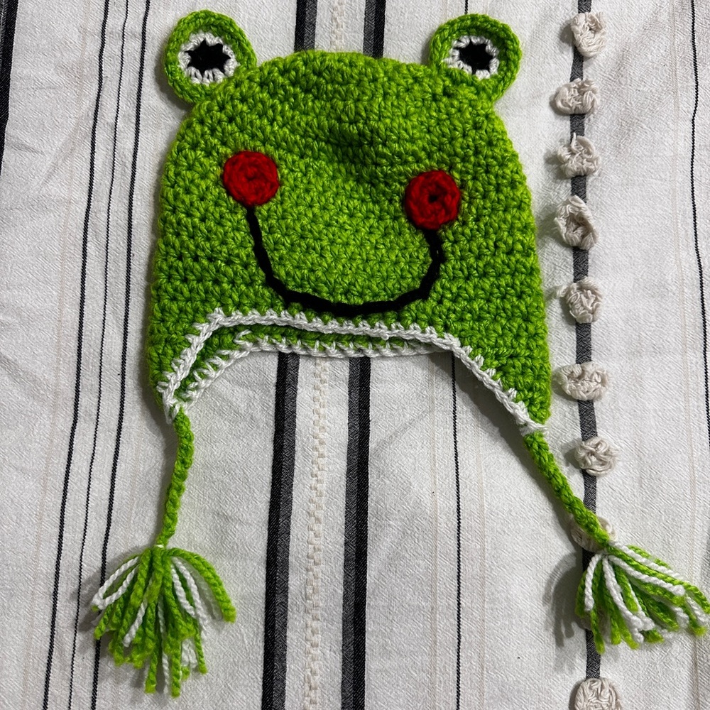 Green Frog Crochet Hat with Tassels